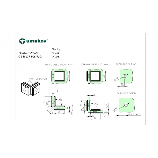Zasklenie pevne - spojka skla 90° Zamak, T 8-10 mm - detail 1 - detail 1