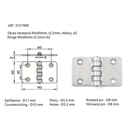 Záves nerezový 90x60mm, t3mm, 4diery, A2 - detail 1 - detail 1