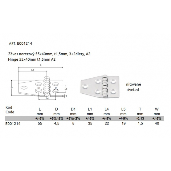 Záves nerezový 55x40mm, t1,5mm, 3+2 diery, A2 - detail 1 - detail 1