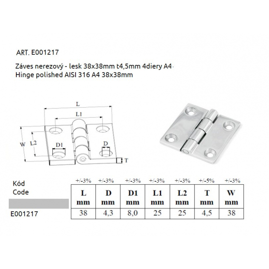 Záves nerezový 38x38mm, t4,5mm, 4diery A4 - lesklý - detail 1 - detail 1