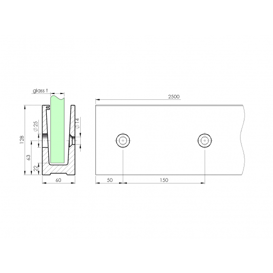 Celosklenené zábradlie-profil-bočné kotvenie - detail 2 - detail 2