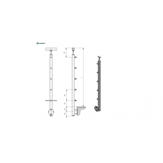 Stĺpik, bočné kotvenie - na schody AISI304, D42,4x - detail 3 - detail 3