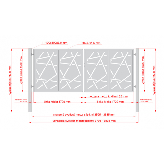 Designová brána HALEN 2 kř. 3800x1500mm antracit se sloupky - detail 1