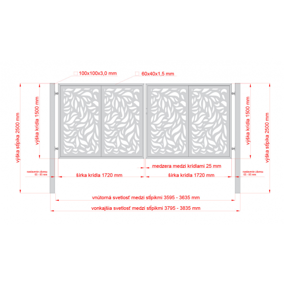 Designová brána FLORA 2 kř. 3800x1500mm antracit se sloupky - detail 1
