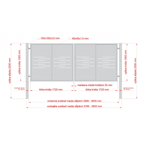 Designová brána LINE 2 kř. 3800x1500mm antracit se sloupky - detail 1