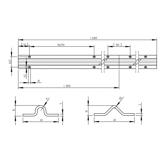 Koľajnička vodiaca spodná-U, Zn,60x16mm, t3mm, L3m - detail 2 - detail 2