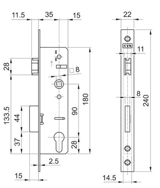 Zámok pre cylin.vložku do JP profilu 50x30mm predná lišta nerez - detail 3